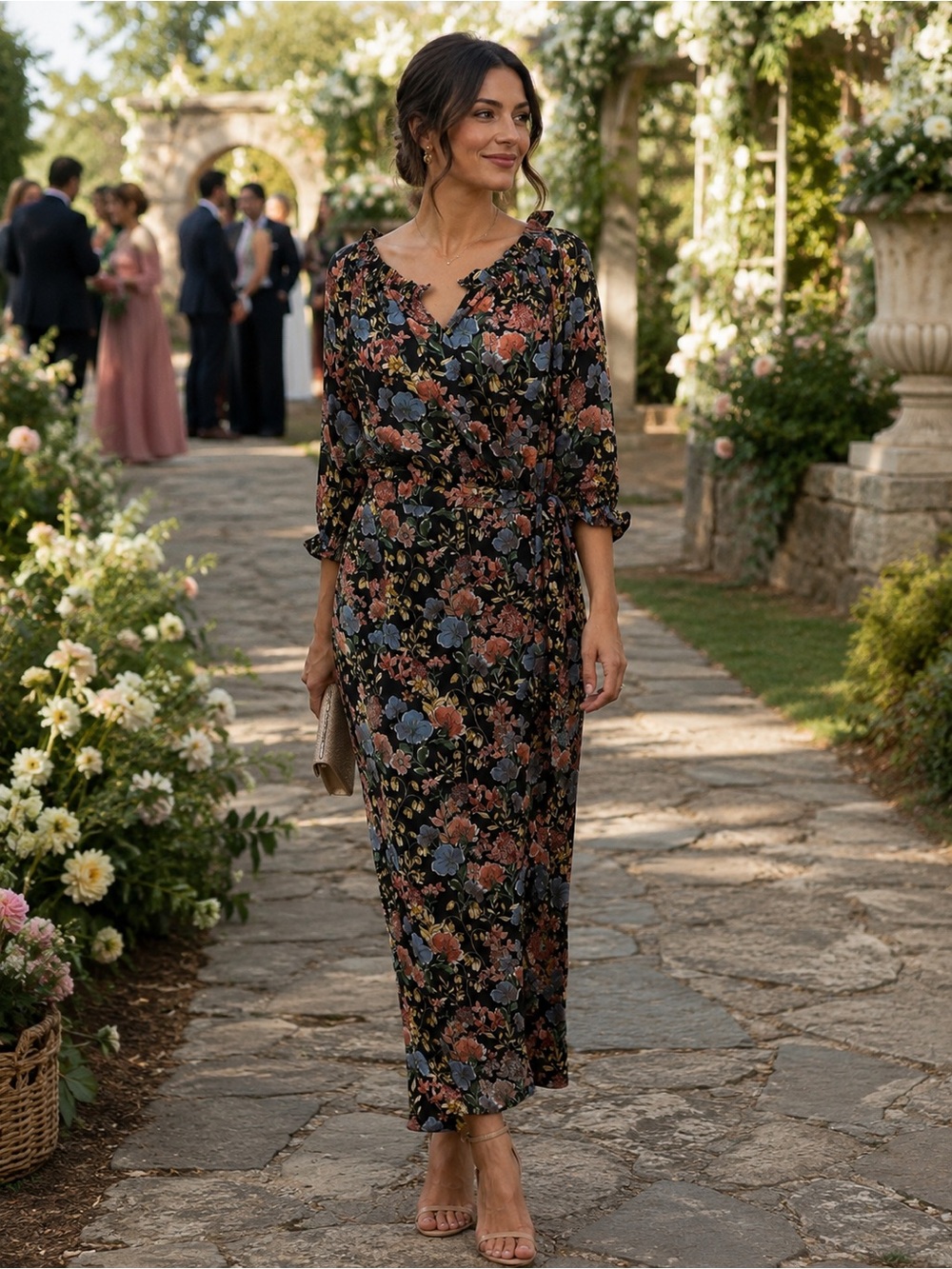 Vici Floral Maxi Dress - Black with Blue, Rust & Green Flowers